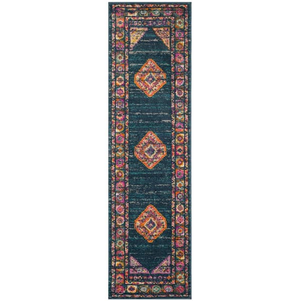 SAFAVIEH Madison Blue/Fuchsia 2 ft. x 14 ft. Border Floral Geometric Medallion Runner Rug