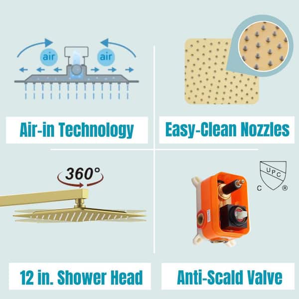 12 in. 1-Jet Shower System with Fixed and Hand Shower Head in Brushed Gold