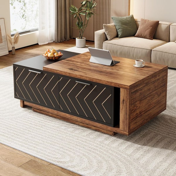 BYBLIGHT Kerlin 42.13 in. Brown and Black Modern Extendable Center Table with Storage, Rectangle Coffee Table for Living Room