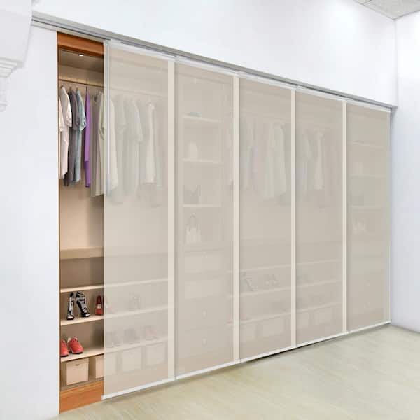 EMOH Ivory Mesh 58 in. - 110 in. W x 94 in. L Adjustable 5-Panel in White Single Rail Panel Track with 23.5 in. Slates