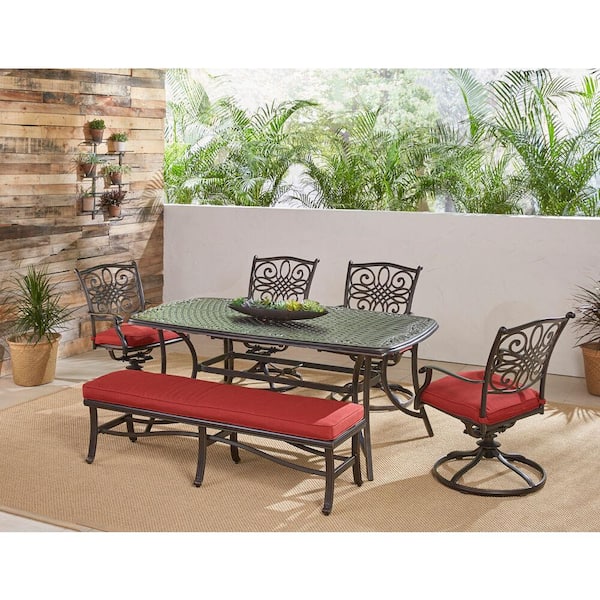 Hanover Traditions 6-Piece Aluminum Outdoor Patio Dining Set with Red Cushions