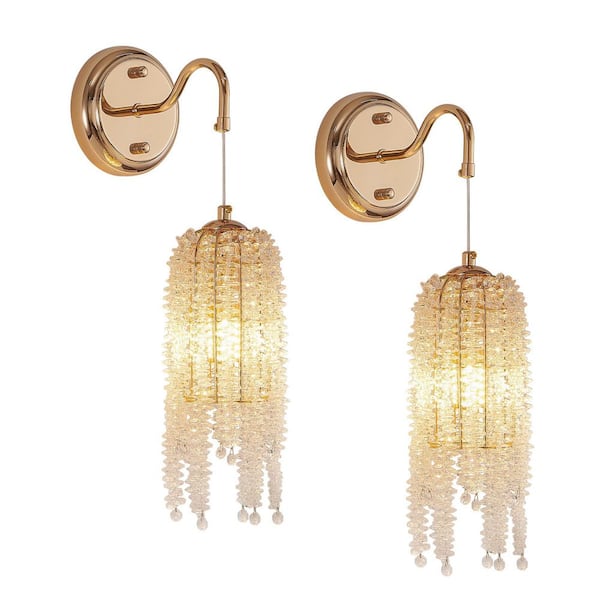 (2-Pack) 4 in. 1-Light Gold Crystal Bead String Wall Sconces with Crystal Bead Shade(Bulb Not Included)