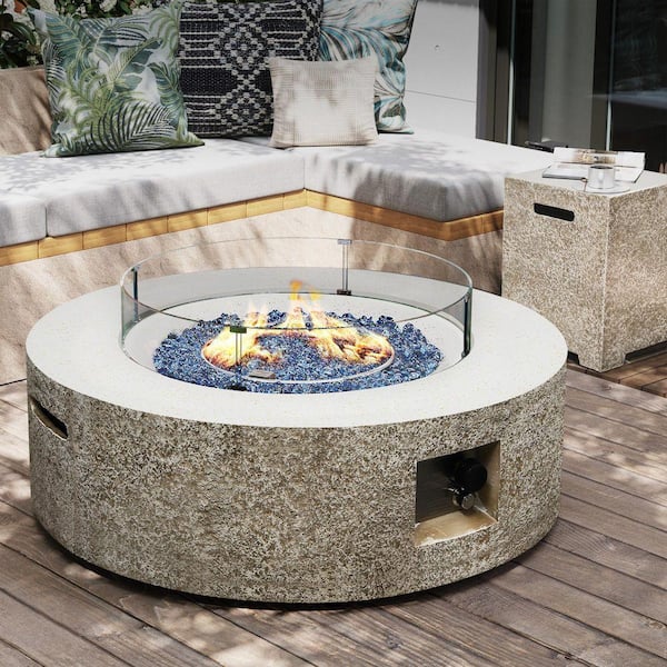 42 in. Round Magnesium Oxide Outdoor Fire Pit Table with Tank Cover, Wind Guard and Rain Cover