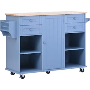 Blue Kitchen Island with Spice Rack, Towel Rack and Drawer and Rubber Wood Desktop
