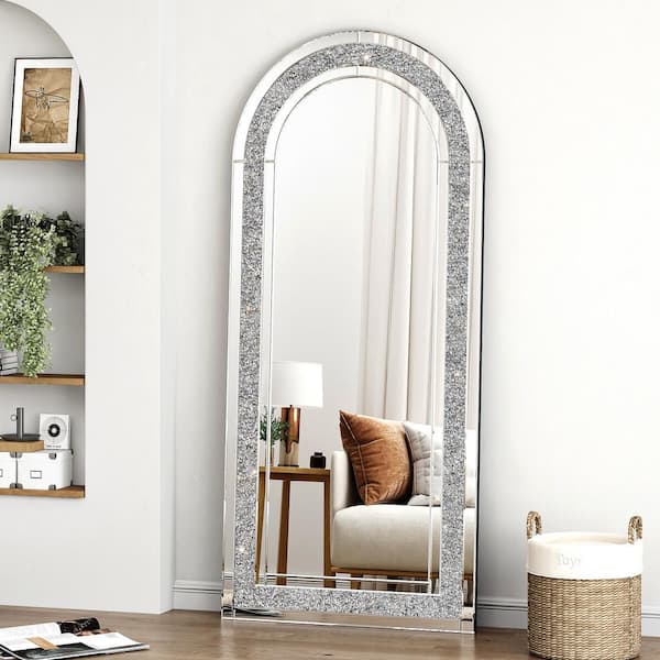 THKSHOUZ Crushed Diamond Silver 31.5 in. W x 70.9 in. H Arch Mirror Glass Full-Length Mirror