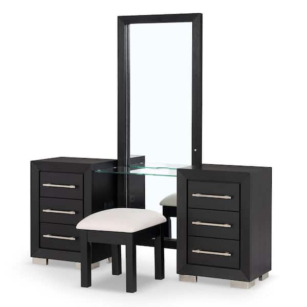 Fairhart 2-Piece Modern Black Makeup Vanity Set With Full Length Mirror and Power Ports