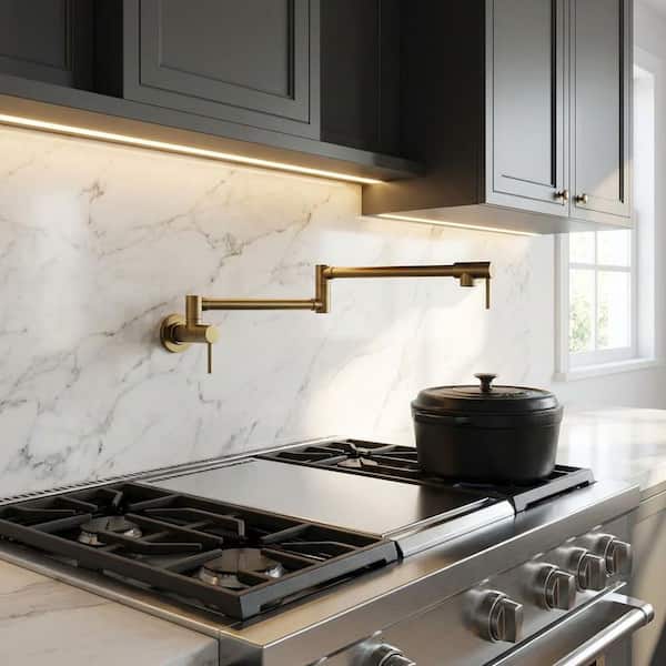 Modern Brass Wall Mounted Dual Joint Swivel Arm Pot Filler Kitchen Faucet in Brushed Gold