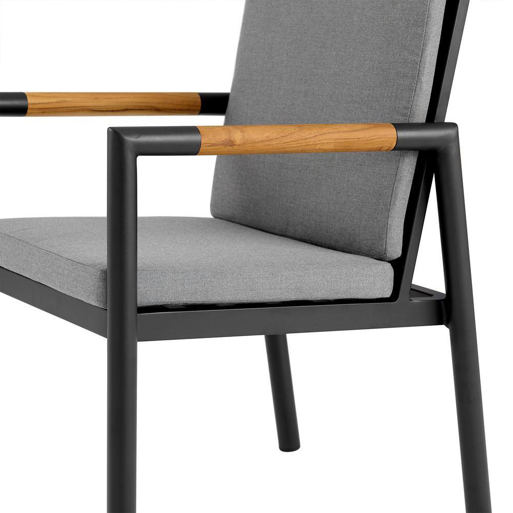Royal Black Aluminum and Teak Outdoor Dining Chair Set with Gray Cushions