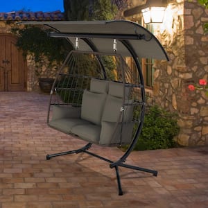 5.7 ft. X 3.7 ft. Base Free Standing 2-Person Hammock Chair Hanging Egg Chair with Stand, Awning and Cushions, Gray