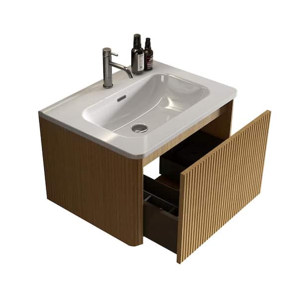INSTER ENYA 24 in. W. x 18.3 in. D x 15.6 in. H Single Sink Floating Bath Vanity in Natural Oak with White Ceramic Top