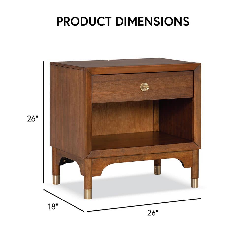 Mid-Century Walnut Nightstand with Gold Accents and LED Light