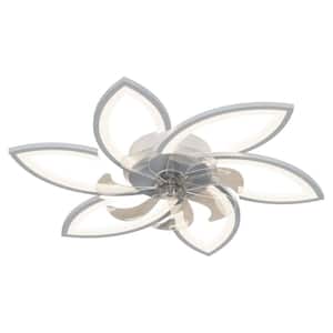 31 in. White Flower Type Integrated LED Indoor Ceiling Fan Lighting Fulsh Mount with Timer Function
