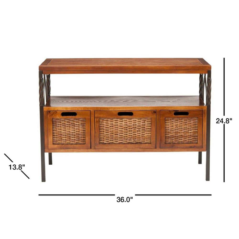 Transitional Joshua 3-Drawer White Media Console with Wicker Accents