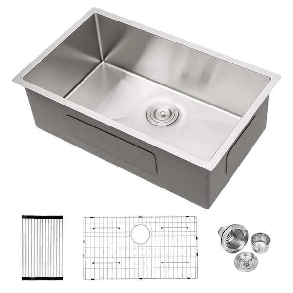 33 in. Undermount Single Bowl 16-Gauge Brushed Nickel Stainless Steel Kitchen Sink with Dish Grid and Drying Rack