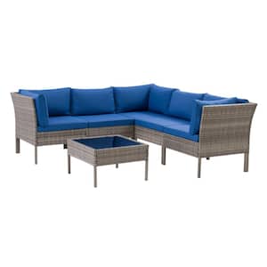 Parksville Blended Gray 6-Piece Rust Proof Rattan Patio Conversation Sectional Seating Set with Oxford Blue Cushions