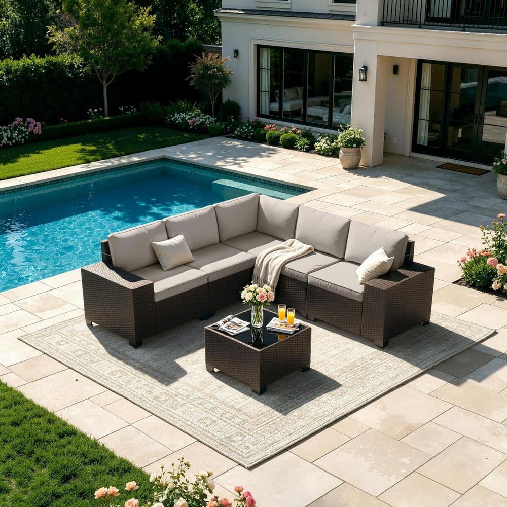Halmuz 6-Piece Wicker Outdoor Sectional Set with Sand Cushion