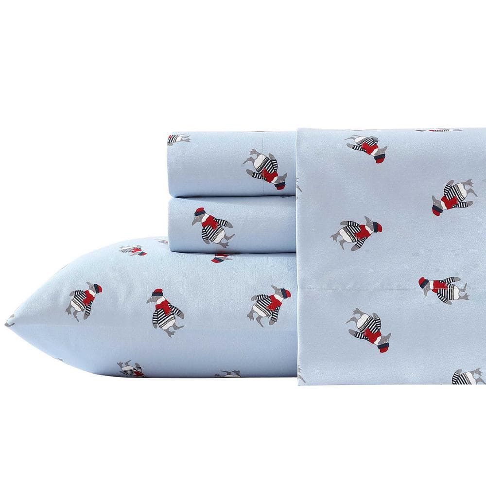 Nautica Penguin Toss 4-Piece Pale Blue Poly-Flannel Queen Sheet Set