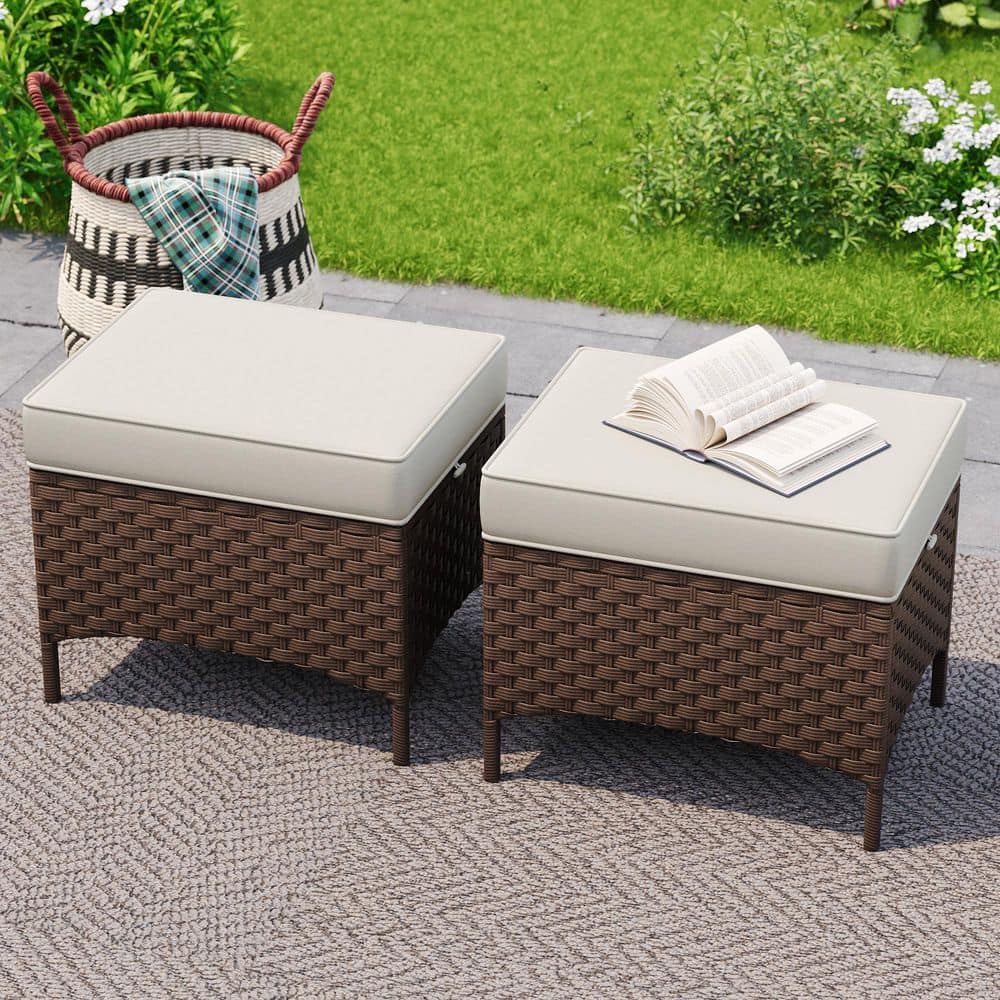 Brown Frame Wicker Outdoor Ottoman With Beige Cushions (Set of 2)