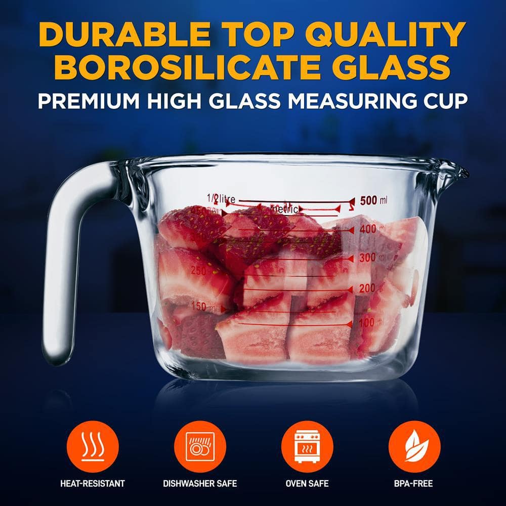 NutriChef 500 ml Clear Borosilicate Glass Measuring Cup with Decal Scale