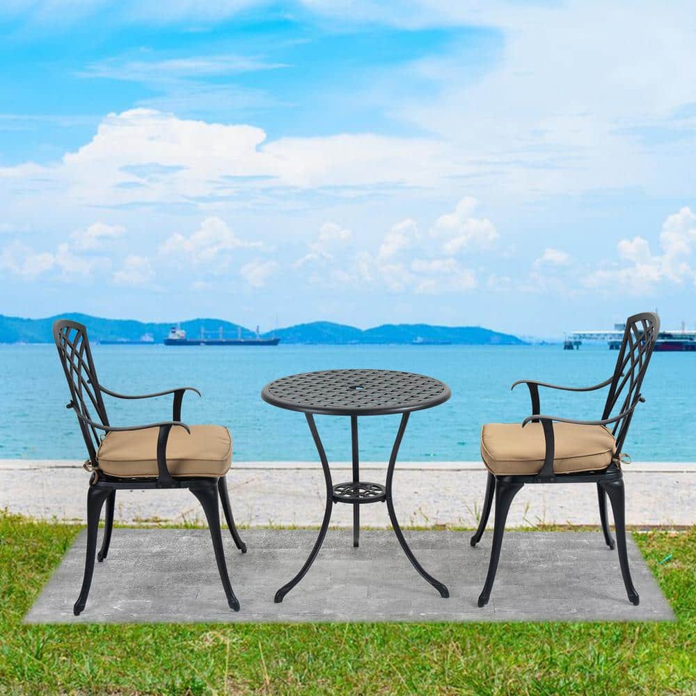 3 -Piece Metal Bistro Table Set Cast Aluminum Outdoor Bistro Sets with Umbr