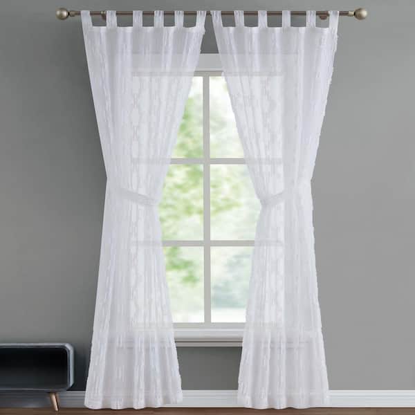 French Connection Frankie White Faux Linen 38 in. x 96 in. Tab Top Sheer Tiebacks Curtain (2 Panels and 2 Tiebacks)