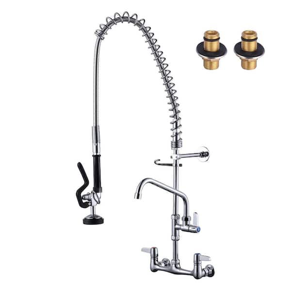 WOWOW Solid Brass 36 in. H Commercial Triple-Handle Pull Down Sprayer Kitchen Faucet with Pre-Rinse Sprayer in Polished Chrome