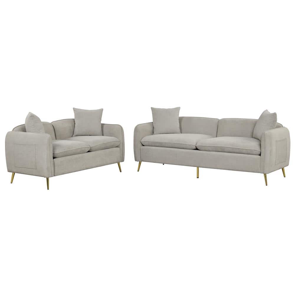 Gray-23 Upholstered Velvet 5-Seat 2-Piece Loveseat Set with Pillows
