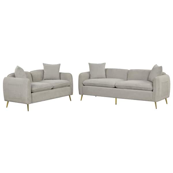 Polibi Gray-23 Upholstered Velvet 5-Seat 2-Piece Loveseat Set with Pillows