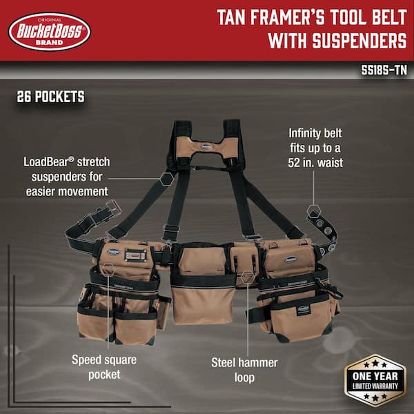 BUCKET BOSS 3-Bag 17-Pocket Professional High Visibility Framers Work Tool  Belt Tool Storage Suspension Rig with Suspenders in Black 55285-HV - The  Home Depot