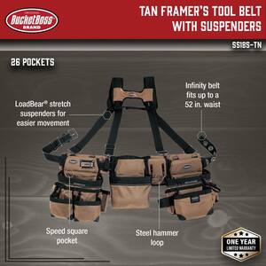 3-Bag Framer's Suspension Rig Work Tool Belt with Suspenders in Tan
