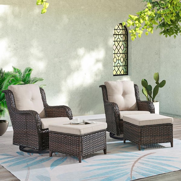 ArcoBay 4-Piece Brown Wicker Outdoor Rocking Chair Patio Swivel Chairs with Beige Cushions and Ottomans