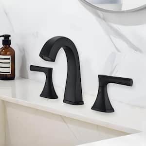 Modern 8 in. Widespread Double Handle 360° Swivel Spout Bathroom Faucet with Drain Kit Included in Matte Black