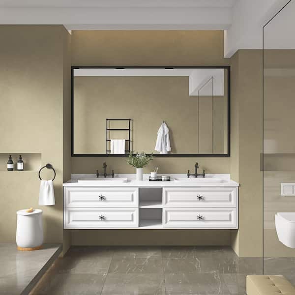 WELLFOR 96 in. W x 48 in. H Rectangular Aluminium Framed Wall Bathroom Vanity Mirror in Black