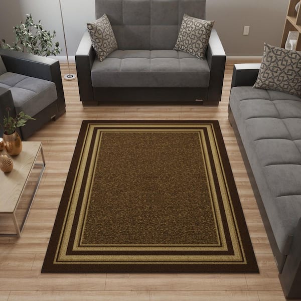 Basics Collection Non-Slip Rubberback Bordered Design 5x7 Indoor Area Rug, 5 ft. x 6 ft. 6 in., Brown