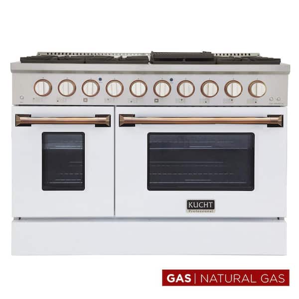 Custom KNG 48 in. 6.7 cu. ft. Natural Gas Range Double Oven with Convection in White with White Knobs and Gold Handle