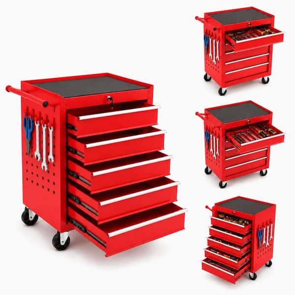 29 in Rolling Tool Chest with Wheels, 5 Drawer Tool Storage Cabinet, Portable Toolbox Organizer with Lock & Hooks