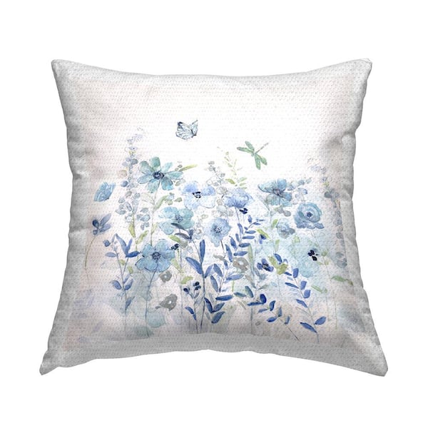 Delicate Floral Butterfly Meadow Blue Square Outdoor Throw Pillow