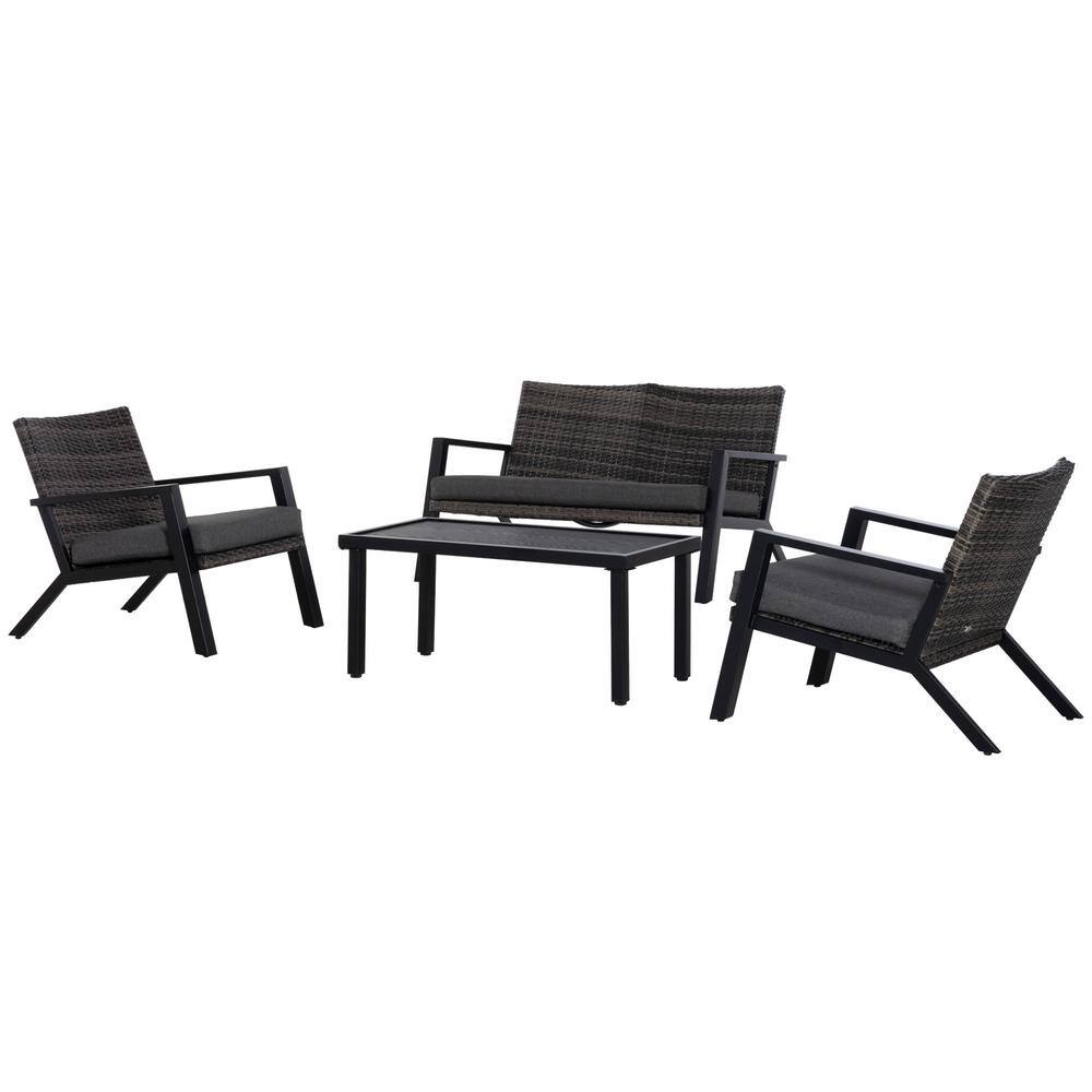 4-Piece Wicker Outdoor Sectional Set, Patio Conversation Set with Black Sof