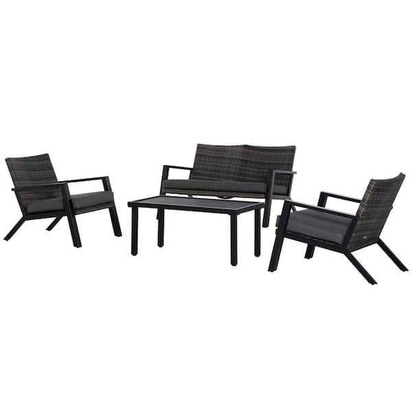 Unbranded 4-Piece Wicker Outdoor Sectional Set, Patio Conversation Set with Black Soft Cushions for Backyard, Garden