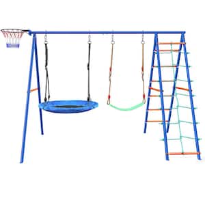 Outdoor Swing Set for Backyard Metal Playset Kids Patio Swing Set with Swings, Climbing Ladder, Nets and Basketball Hoop