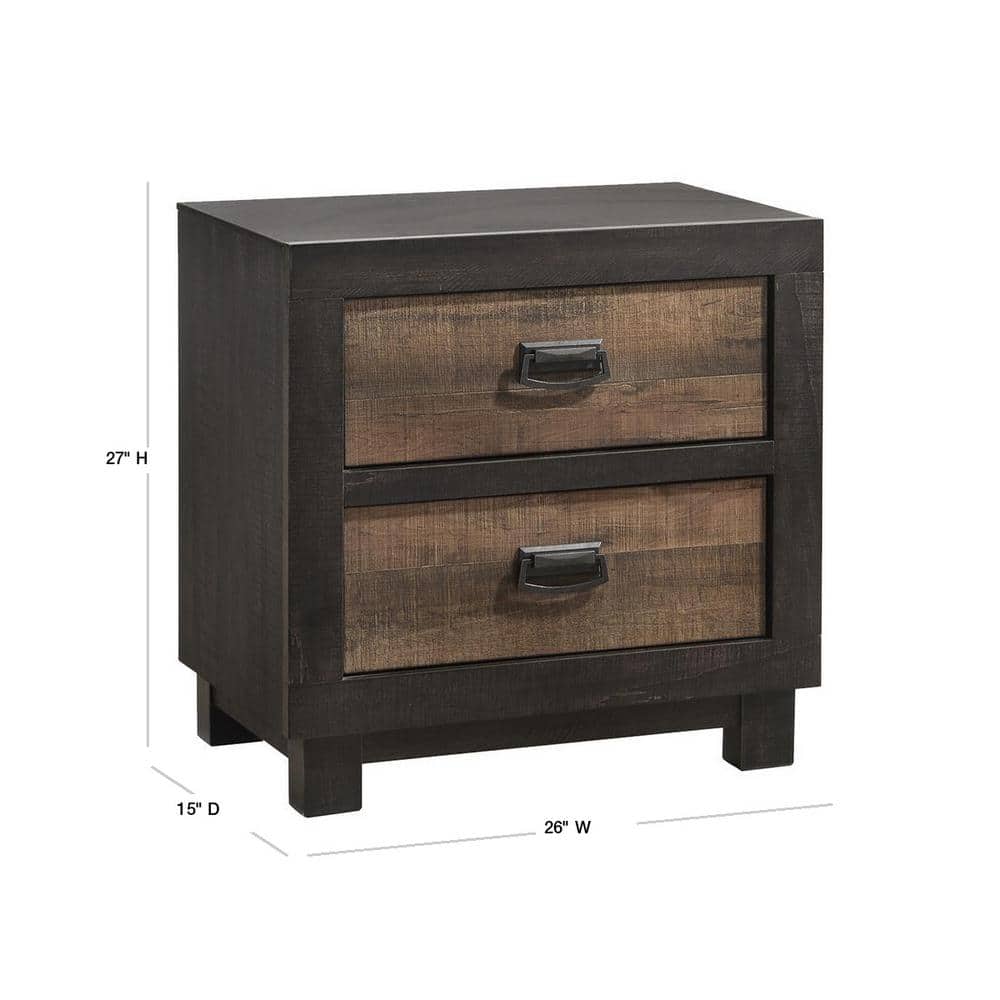 Rustic Walnut 2-Drawer Nightstand with Dark Nickel Pulls