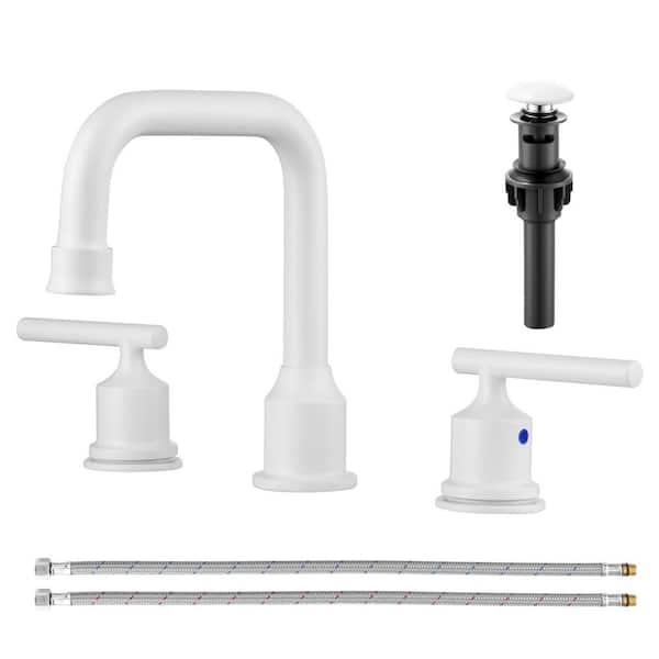 8 in. Widespread Double-Handle High-Arc Bathroom Sink Faucet with Pop-Up Drain and 360° Swivel Spout in White