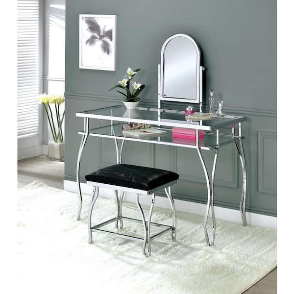 William's Home Furnishing Kerrville Chrome Vanity Table with 1-Padded Crocodile Skin Textured Leatherette Seat Stool