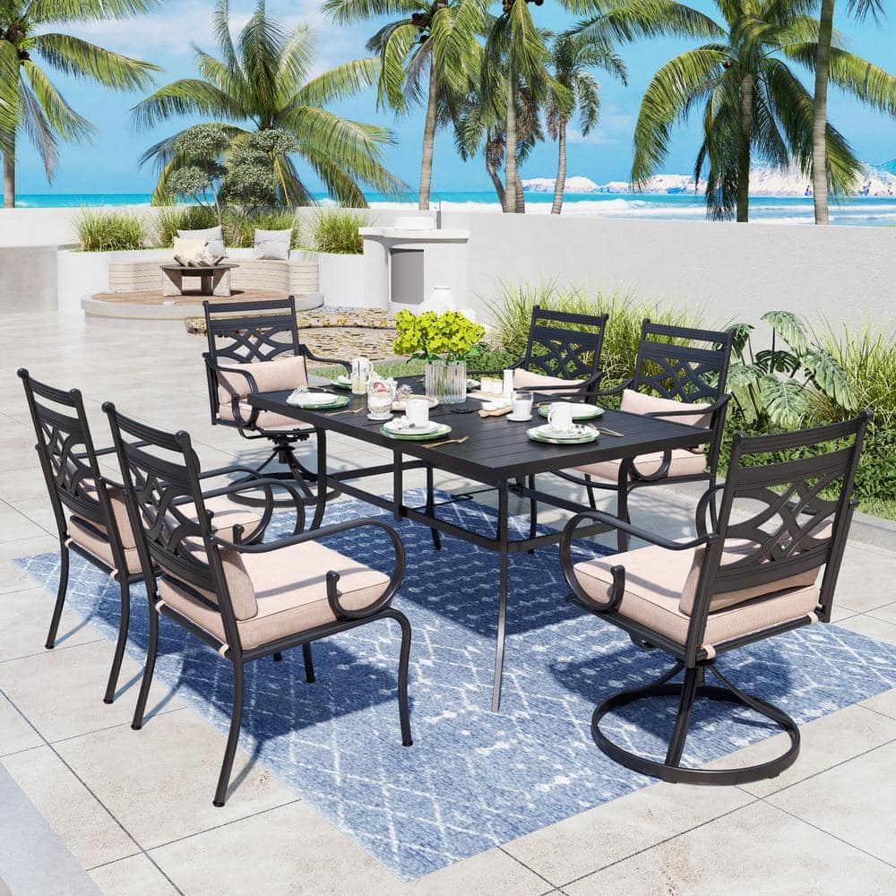 7-Piece Black Steel Patio Dining Set with Beige Cushions