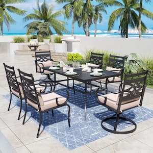 7-Piece Metal Outdoor Dining Set with Black Rectangle Dining Table and Beige Cushions