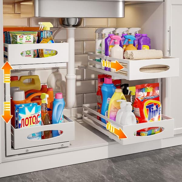 Utility Series 2-Shelf Under Sink Organizer, Carbon Steel, Easy-Install Pull-Out with Height Adjustment, in White