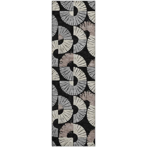 Mayfield Premium Machine Washable Abstract AMF2462 Black 2 ft. x 7 ft. Runner Rug