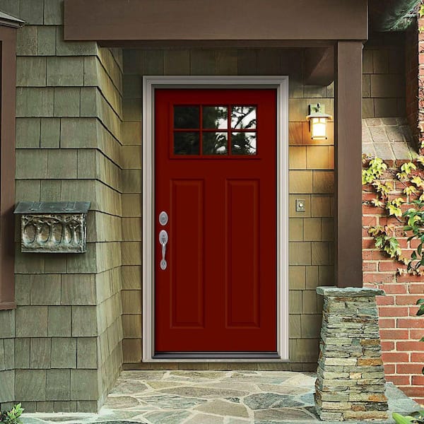30 in. x 80 in. 6 Lite Craftsman Mesa Red Painted Steel Prehung Right-Hand Inswing Front Door w/Brickmould