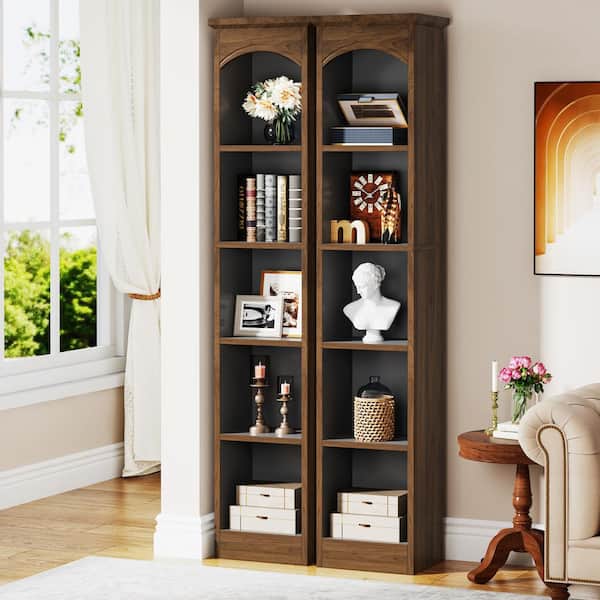 BYBLIGHT 70.9 in. Tall Cherry Brown Wood 5-Shelf Narrow Cube Bookcase Set of 2, Slim Corner Display Shelves for Home Office