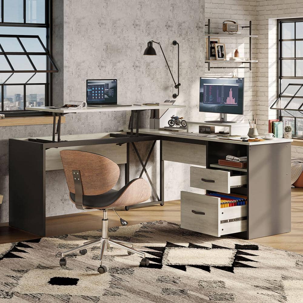 Retro Grey Oak L-Shaped Adjustable Height Desk with Filing Cabinet
